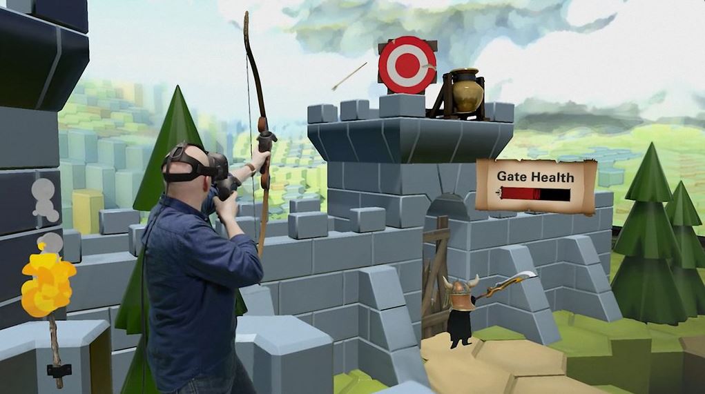 A man in vr defending a castle with a bow and arrow from minions